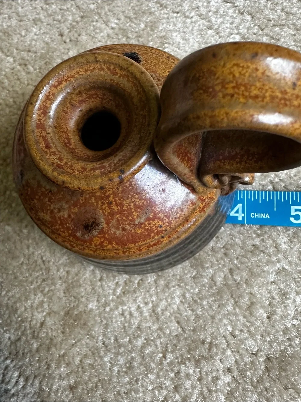 Signed Studio Pottery Taper Candle Holder Chamberstick Loop Handle